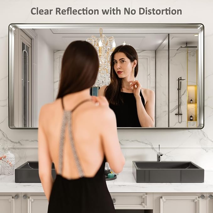 LOAAO 72X32 Inch Brushed Nickel Bathroom Mirror | Rounded Rectangle, Silver Metal Frame, Anti-Rust, Tempered Glass, Hangs Horizontally or Vertically