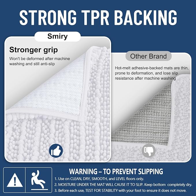 Smiry Bathroom Rugs 59X24, Extra Soft Rubber Backing Chenille Bath Mats | White Machine Washable Non Slip Quick Dry Bath Mats for Bathroom Floor, Tub, Shower, Home Decor Accessories