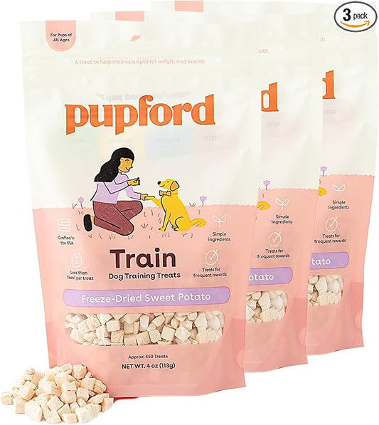Pupford Freeze Dried Dog & Puppy Training Treats (Sweet Potato, 4 oz, 3 Pk) | 1400+ treats, Ultra low-calorie, Only 1 ingredient, All breed sizes, Mess free and bite sized, Trainer recommended