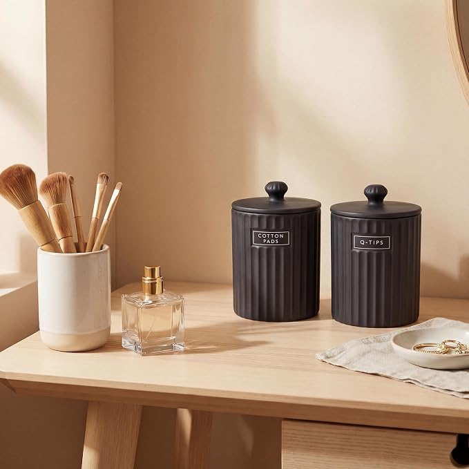 Ronasip Ceramic Bathroom Organizer and Storage Jars with Lid, 2 Pack Qtip Holder and Cotton Pad Dispenser, Apothecary Canisters for Vanity, Kitchen Countertop, Home Decor (2, Black)