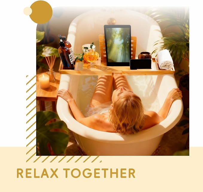 Premium Foldable Bamboo Bathtub Tray Caddy, Expandable Bath Caddy Tray with Holder, Natural Bath Shelf Over Tub, Spa Bathroom Accessories & Gifts for Home