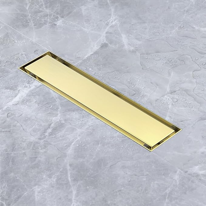 12 Inch Linear Shower Drain Bathroom Kitchen Golden Floor Drain Removable Capsule Pattern Cover Accessories Shower Drain 304 Stainless Steel Drain with Hair Strainer Adjustable Leveling Feet