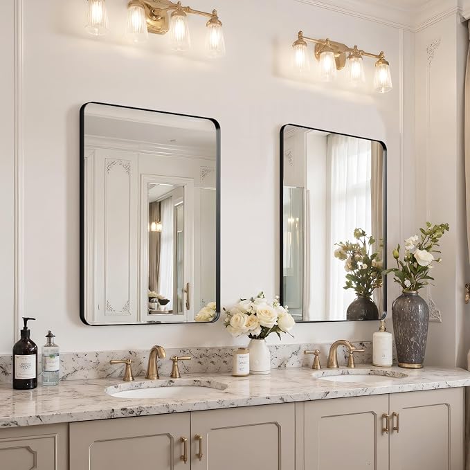 30"x22" Bathroom Vanity Mirror for Wall Aluminum Framed Farmhouse Rectangle | Anti-Rust, HD Reflection Anti-Desilvering, Distortion Free, Tempered and Shatter-Proof Wall Mounted Mirror, Black
