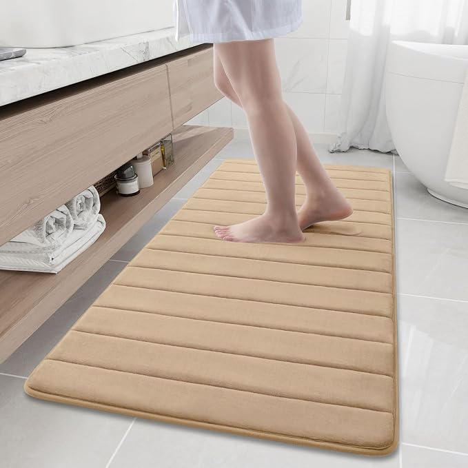 Buganda Memory Foam Bath Mat 60 x 24, Ultra Soft Absorbent Bathroom Rugs | Camel, Machine Washable Quick Dry Bath Mats for Bathroom Floor, Shower and Tub, Home Decor Accessories