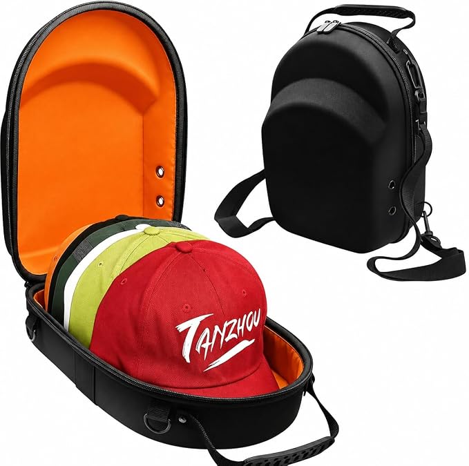 Hard Hat Travel Case for Baseball Caps 1 Piece Black With Orange - Hat Protector with Handle, Adjustable Shoulder Strap & Luggage Strap, Stores 6 Hats for Travel, Home, Gifts