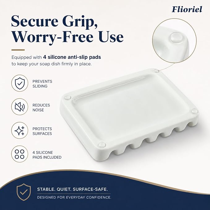 Ceramic Soap Dish Self Draining Soap Holder Bathroom Sink | White Porcelain Soap Tray Self Draining Keeps Soap Dry Anti Slip Silicone Pads Easy Clean Modern Minimalist Bathroom Shower