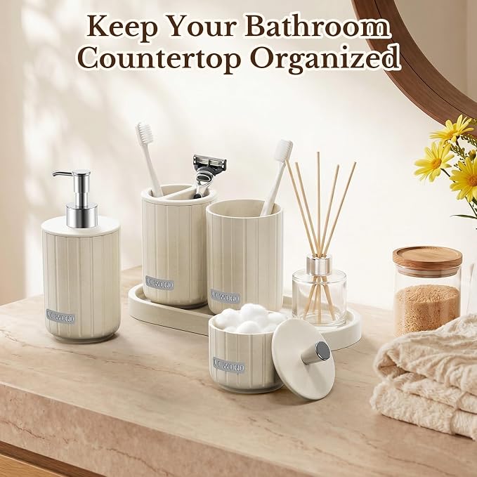 Cream Bathroom Accessory Set 5 Piece with Soap Dispenser, Storage Jar, Bathroom Counter Tray, Toothbrush Holder and Toothbrush Cup, Modern Stone-Effect Bathroom Countertop Decor Bath Sets