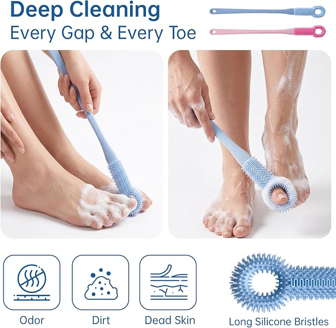 Foot Scrubber with Pumice Stone & 2 Pcs Toe Cleaning Brush, Long Handle Callus Remover for Feet, Toe Cleaning Brush for Dead Skin, Shower Foot Brush for Seniors, Elderly, Men Women (Include 4 Hooks)