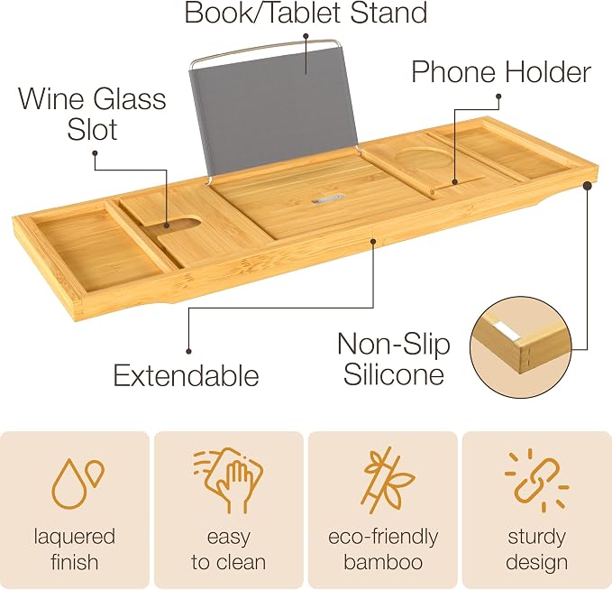 Personalized Bathtub Tray - Custom Engraved Foldable Bamboo Bath Caddy, Expandable Tub Tray Bath Table, for Mom Personalized Mom Birthday Gift, for Wife Gift for Her