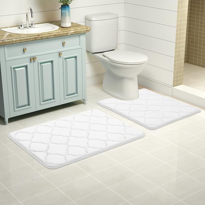 OLANLY Memory Foam Toilet Rugs U-Shaped 24x20, Soft Bath Mat, White | Thick Absorbent Carpet, Non-Slip Backing, Machine Washable, for Bathroom Floor, Tub, Shower and Home Decor Accessories