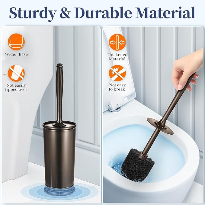 HAMITOR Toilet Bowl Brush Holder Set: Classic Round Bristle Head Deep Cleaning Cleaner Scrubber with Tall Caddy for Restroom - Home Bathroom Decor Accessories - Bronze 3 Pack