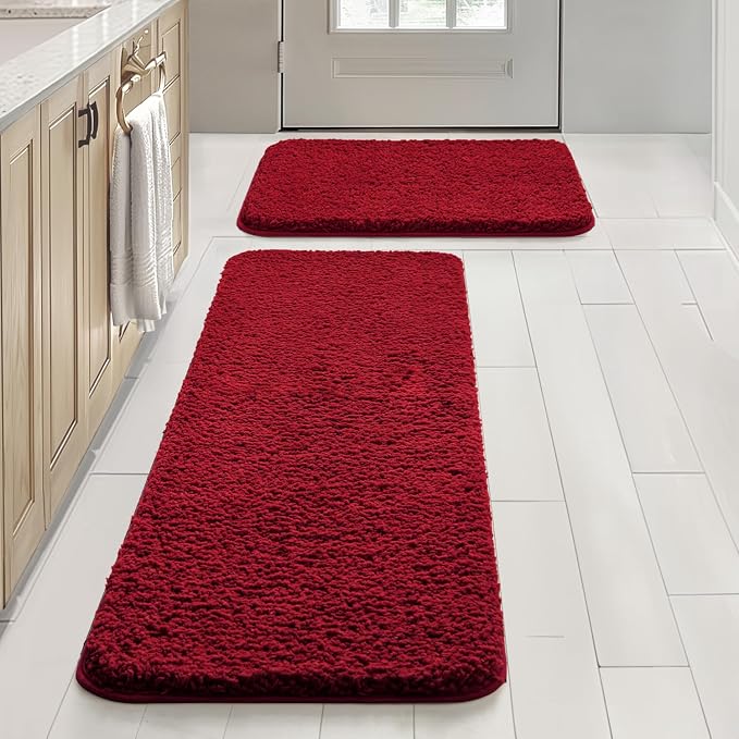 MIULEE Red Bathroom Rugs Set 2 Piece Soft Bath Mats 16x24+16x48 Inch | Soft Absorbent Microfiber Bath Rugs, Non Slip, Quick Dry, Fluffy Bath Rugs for Bathroom Floor Tub Showers, Machine Washable