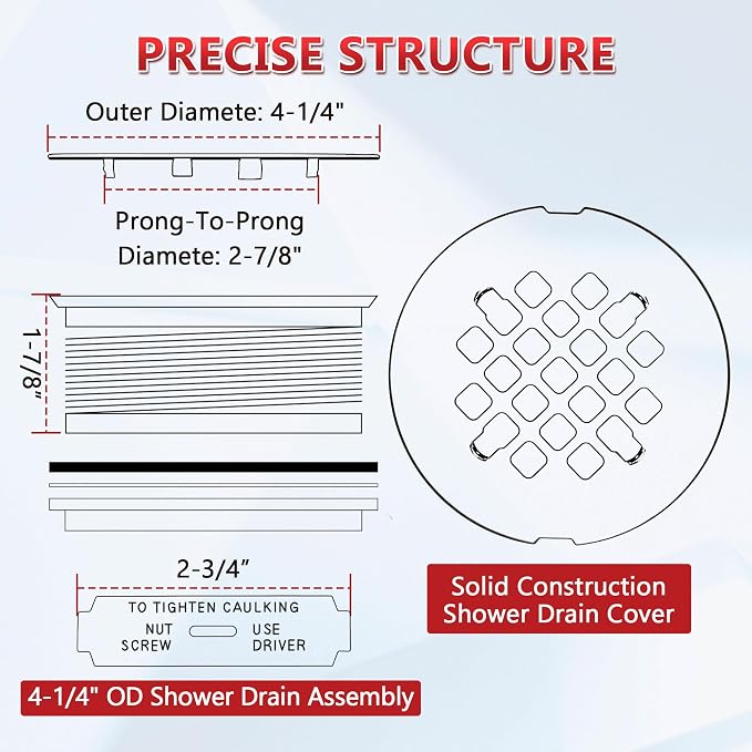 Enhon 4.25" OD Shower Drain Assembly, Snap in Shower Base Drain and Round Grid Strainer Cover, Fits 2 in. Schedule 40 ABS and PVC Pipes, Stainless Steel Cap, ABS Base(Golden,1 Pack)