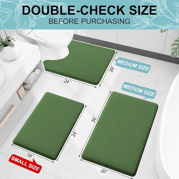 Smiry Memory Foam Bath Mat 30x20, Extra Soft and Absorbent Bathroom Rugs | Olive Green, Quick Dry Machine Washable Non-Slip Bath Mat for Bathroom Floor, Shower and Tub