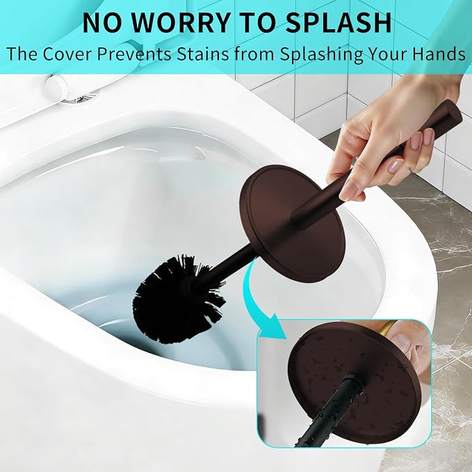 Stainless Steel Toilet Brush and Holder Set,Toilet Bowl Brush and Holder | Bronze Heavy Duty Toilet Brush for Bathroom with Long Handle,Removable Inner Bowl and Splash Protection,Deep Cleaning