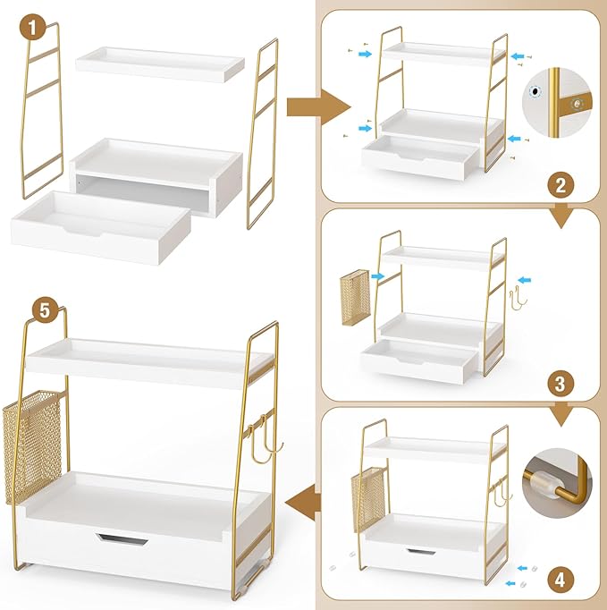 2-Tier Bathroom Counter Organizer with Drawer and Basket, Wood Vanity Countertop Storage for Perfume, Makeup, Skincare, Bathroom Counter Shelf, 13" x 7.9" x 14.5", White Gold
