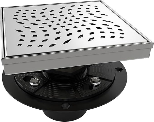 WEBANG 6 Inch Square Shower Drain Brushed Floor Drain with Flange Wave-Hole Pattern Cover Grate Removable SUS304 Stainless Steel Watermark&CUPC Certified Brushed