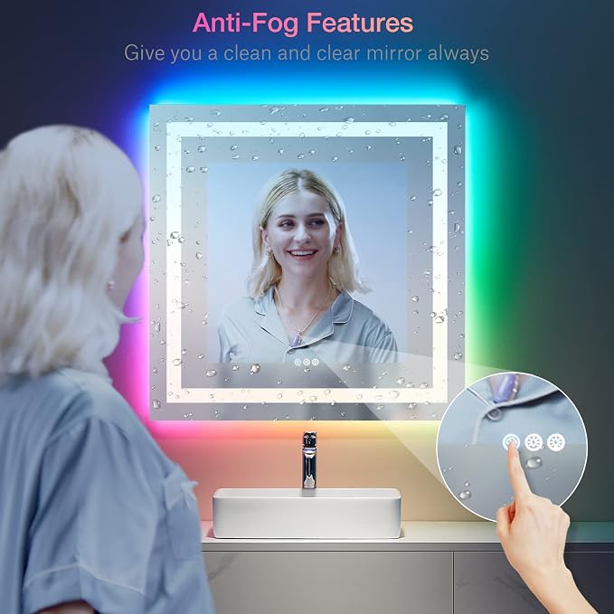LOAAO 36"X36" RGB LED Bathroom Mirror with Lights, UL Listed | Anti-Fog, Dimmable, RGB Backlit + Front Lighted, Memory Function, Tempered Glass