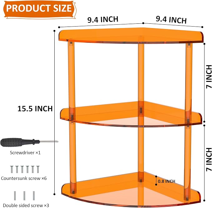 Sezanrpt 3 Tier Acrylic Corner Shelf Organizer Storage 9.5x9.5x15.7 Inch, Orange Countertop Corner Shelf for Bathroom, Kitchen, Bedroom, Office, Study Room