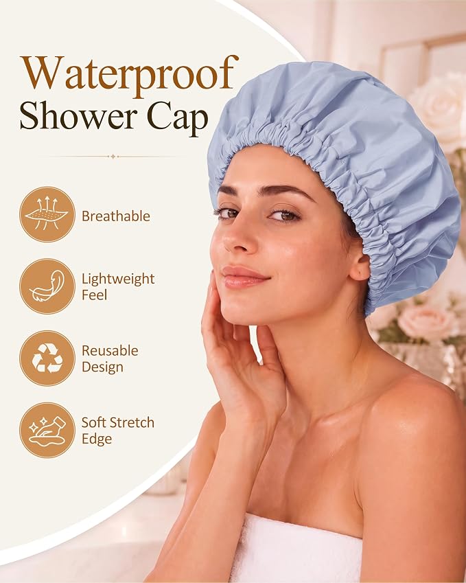 Edoneery Shower Caps for Women Reusable Waterproof, Shower Hair Cap | Washable Bonnet, Wide Elastic Band, Large Fit, Holds Long Hair, Braids Friendly, Bath Accessories, Spa, Travel