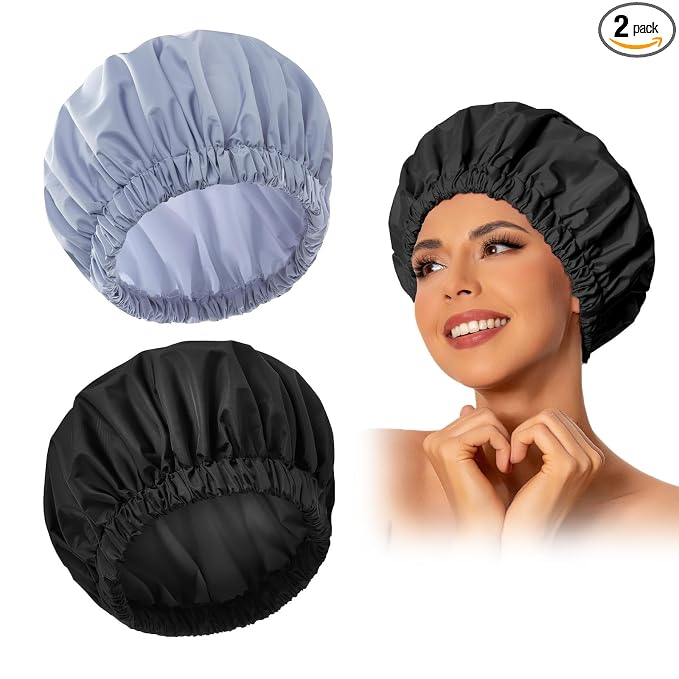 Edoneery Shower Caps for Women Reusable Waterproof, Shower Hair Cap | Washable Bonnet, Wide Elastic Band, Large Fit, Holds Long Hair, Braids Friendly, Bath Accessories, Spa, Travel