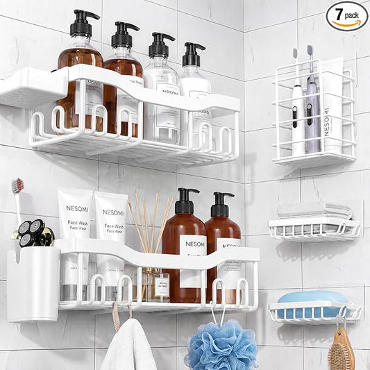 NESOMI Shower Caddy Adhesive Shower Organizer 7-Pack, Rustproof Stainless Steel Bathroom Shelves, Large Capacity No-Drill Rack Storage Accessories with Soap Dish Toothbrush Holder Hooks