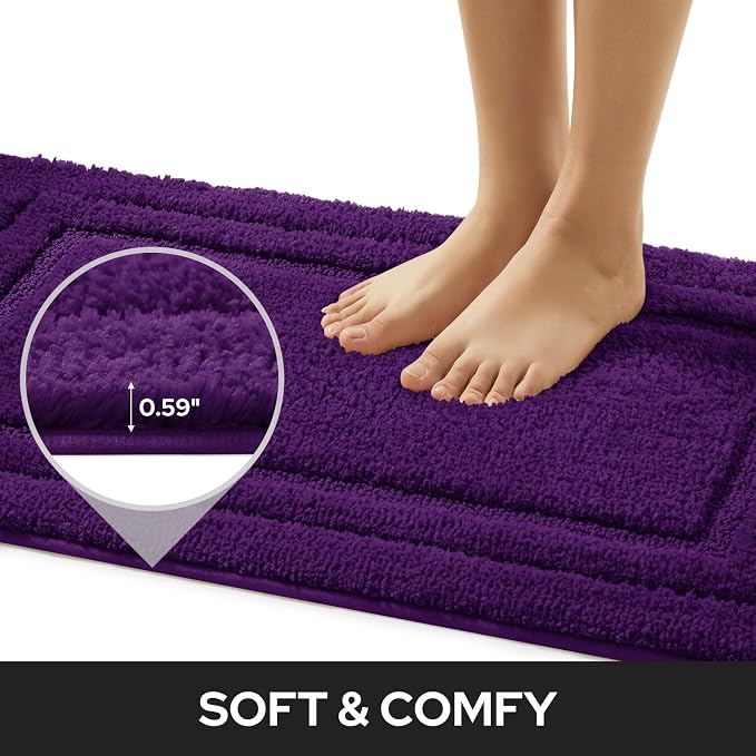 HOMEIDEAS Bathroom Rugs Sets 2 Piece, Super Soft Non Slip Bath Mat Purple | Ultra Absorbent, Microfiber Machine Washable Bath Rug Set, for Bathroom, Tub, Shower 20" x 32" + 16" x 24"