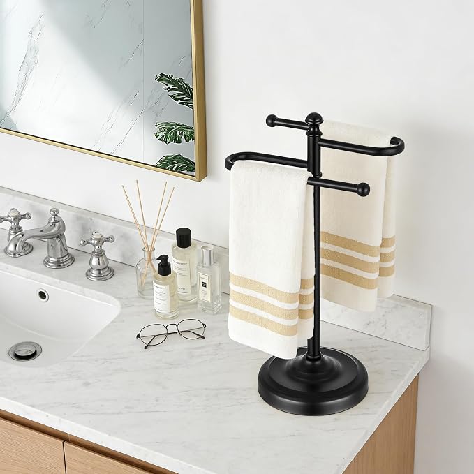 Hand Towel Stand,304 Stainless Steel Hand Towel Holder for Bathroom Kitchen Counter，14.5 Inch S-Shape Weighted Base Standing Hand Towel Rack Bar Holds 2 Towels (Black)