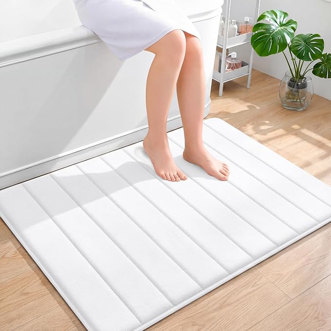 OLANLY Memory Foam Large Bath Mat 40x32, Super Soft Absorbent Bathroom Rugs | White, Quick Dry Bath Rug, Machine Washable Shower Floor Mats, Bathmat Carpet for Bathroom Floor, Tub and Shower