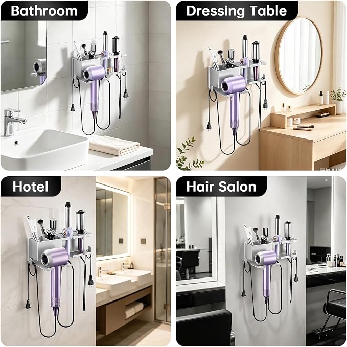 YSD Hair Dryer Holder Wall Mounted with Cord Organizer Metal Organizer | Heat Resistant Blow Dryer Holder with Curling Iron and Flat Iron for Bathroom Self Adhesive/Screw, Grey