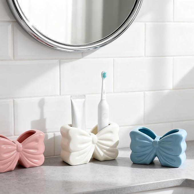 Bow Toothbrush Holder ， 2-Slot Toothbrush and Toothpaste Holder Cute Toothbrush Holder Set, Bathroom Counter Organizer for Bathrooms， Electric Toothbrushes, Floss, Razors - White
