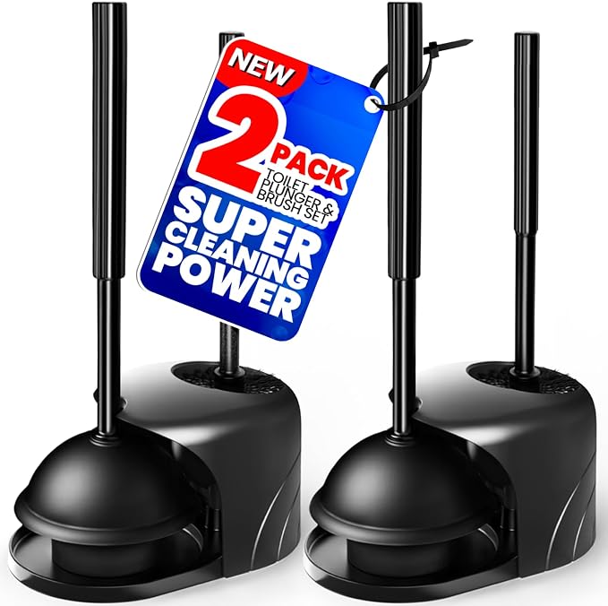 2Pack 2 in 1 Toilet Brush and Plunger Set, Extended Handle Plunger,Toilet Bowl Brush Plunger Set,Bathroom Cleaning Tools,Cleaning Brush,Toilet Brush Plunger Combo(Bright Black) | Heavy Duty Rubber Toilet Bowl Cleaner, Apartment Must Haves Bathroom Deco...