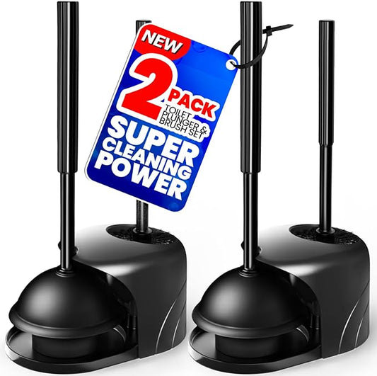 2Pack 2 in 1 Toilet Brush and Plunger Set, Extended Handle Plunger,Toilet Bowl Brush Plunger Set,Bathroom Cleaning Tools,Cleaning Brush,Toilet Brush Plunger Combo(Bright Black) | Heavy Duty Rubber Toilet Bowl Cleaner, Apartment Must Haves Bathroom Deco...