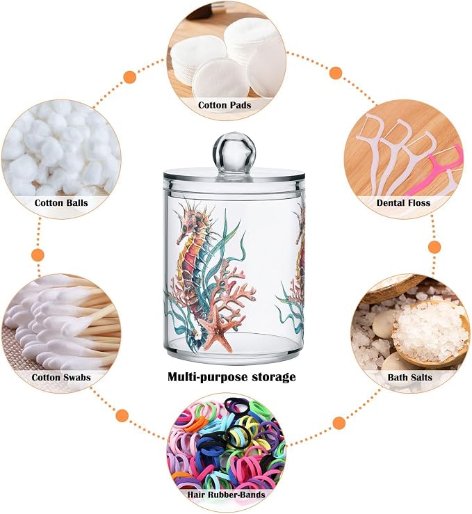 2 Pack Qtip Holder Dispenser for Cotton Ball Seahorse Starfish Watercolor Ocean Cotton Swab Cotton Round Pads Clear Plastic Acrylic Jar Set Bathroom Canister