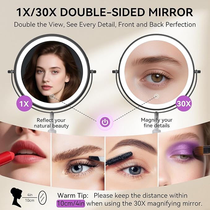 Auxmir 9" 5000mAh Magnifying Mirror, 1X/30X Lighted Makeup Mirror, Black | Rechargeable Battery, 3 Dimmable Colors, 14.9‑18.5" Adjustable Height, 360° Rotation, Stable Base, 30X Magnification