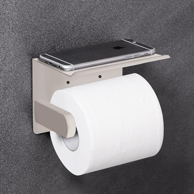 VAEHOLD Self Adhesive Toilet Paper Holder with Phone Shelf SUS 304 Stainless Steel Wall Mounted Toilet Paper Roll Holder - Rustproof and Bathroom Washroom Tissue Roll Holder with Shelf -Beige