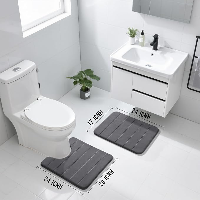 Yimobra U-Shaped Toilet Bath Mat Set 2 Piece - Soft Absorbent Quick Dry Memory Foam Bathroom Rugs, Machine Washable Non Slip Floor Carpet for Tub Shower & Single Sink (17x24 & 24x20, Dark Gray)