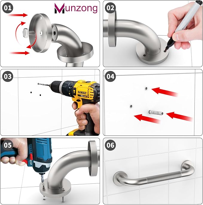 12 Inch Anti Slip Shower Safety Bars,Munzong Bathroom Grab Bars for Bathtubs and Showers,Brushed Nickel Knurled Handicap Balance Bar,Safety Hand Rail Support Elderly Senior Bath Handle