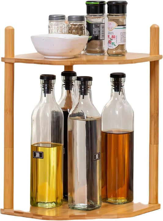 3-Tier Expandable Bamboo Corner Shelf - Dish/Plate Organizer for Cabinet, Kitchen Counter Shelf & Small Kitchen Shelf, Adjustable (11.4" H-Natural, 2-Tier)