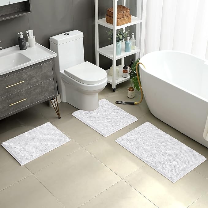 HOMEIDEAS White Chenille Bathroom Rugs Set of 3, Non Slip Bath Mat | Super Absorbent, Soft Microfiber, Machine Washable, Stain Resistant, for Bathroom Decor