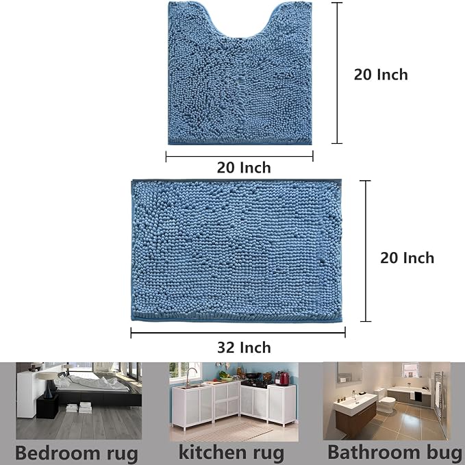 Bathroom Rugs Chenille, Extra Thick and Absorbent, Non-Slip, Machine Washable, Dry Quckily, Soft Cozy Plush, Used Under Shower Bathtub and Sink, Bath mat Sets Fog Blue