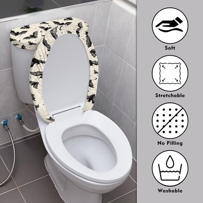 Bat Toilet Lid & Tank Covers for Bathroom, Gothic Toilet Lid Cover Round Non Slip Elongated, Set of 2, Halloween Party Decor
