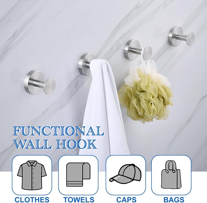 NEWRAIN Bathroom Towel Hooks, 2 Pack Towel Holder for Bathroom Wall, Cabinet Closet Door, Kitchen, Bedroom, Hotel - Modern Design Effortless Mounting Towel Hangers, Robe Hook Brushed Nickel