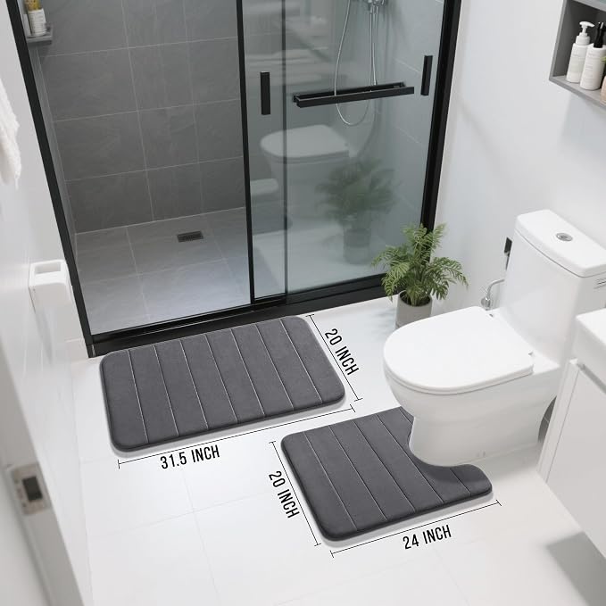 Yimobra Memory Foam Bath Mat Set 2 Piece - Super Soft Absorbent Quick Dry Bathroom Toilet Rugs, Machine Washable Non Slip Floor Carpet for Tub Shower & Single Sink (31.5x20 & 24x20, Dark Gray)