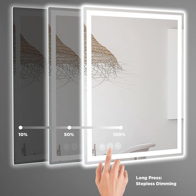 Memobarco 24" x 40" LED Bathroom Mirror with Lights, Memory Vanity Mirror | Anti-Fog, 3 Color Modes, Dimmable, Front Lit, Memory Function, Tempered Glass, Lighted Bathroom Mirror for Wall