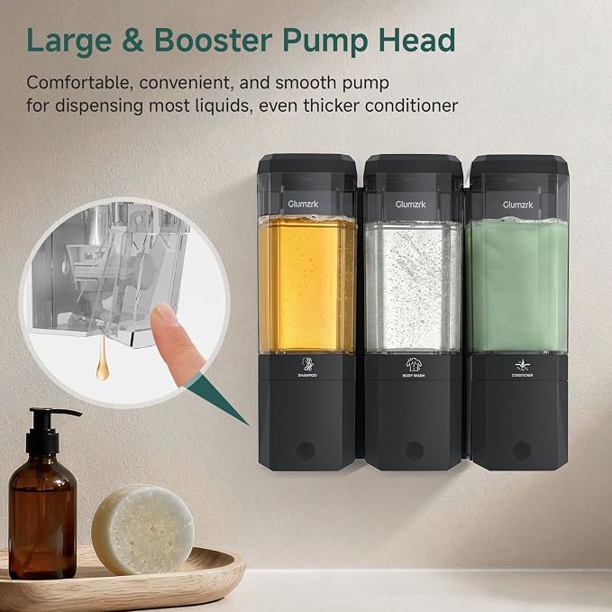 Shampoo and Conditioner Dispenser 3 Chamber 17oz No Drill Shower Soap Dispenser Wall Mounted Shampoo Conditioner Body Wash Refillable Bathroom Shower Dispenser (Black+Smoke Gray 3 Chamber)
