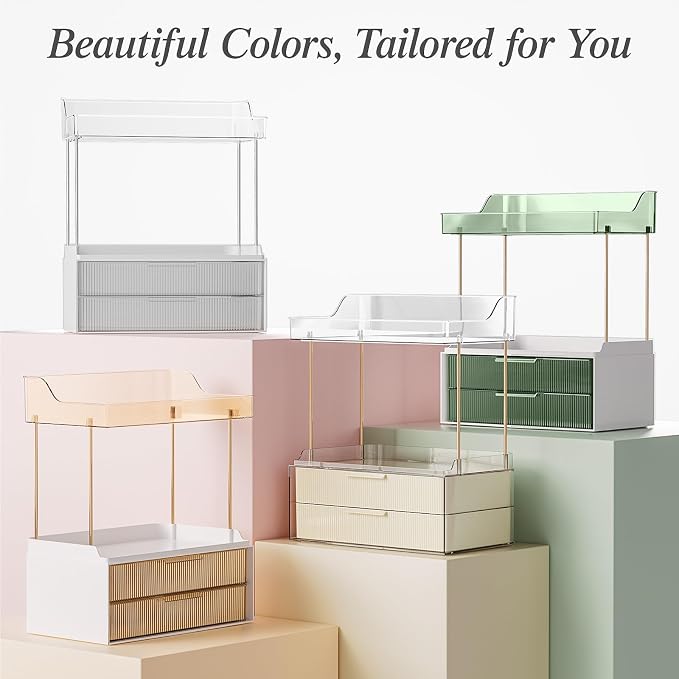 Bathroom Counter Organizer, TidyStash 2-Tier 2-Drawer Makeup Organizer Countertop, Easy to Install, Ideal for Bathroom Storage, Vanity, Perfume, Large Skincare Items, Present, and More, Clear