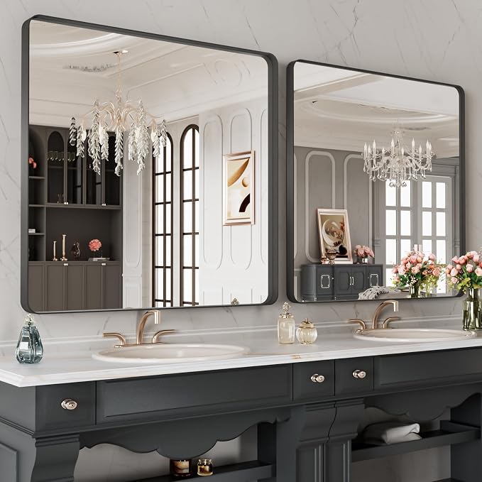 LOAAO 40X38 Inch Black Metal Framed Bathroom Mirror for Wall | Matte Black Bathroom Vanity Mirror, Anti-Rust, Tempered Glass, Hangs Horizontally or Vertically