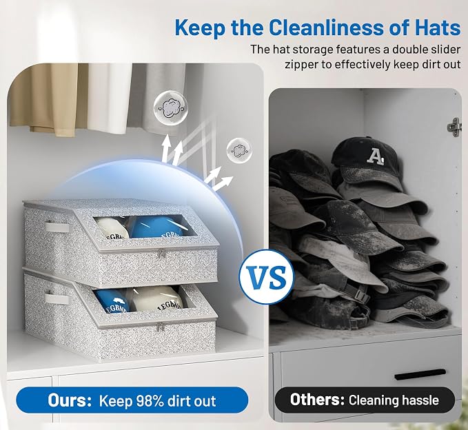 AOODA 2 PCS Sturdy Hat Storage for Baseball Caps, Holds up to 48 Caps Clear Hat Organizer for Closet, Bedroom, Wide Hat Box with Cardboard (Grey)
