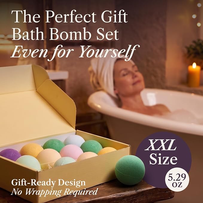 XXL Bath Bombs for Women, 12pc, Birthday Gifts for Women by AdeleGourdain | Bathbombs Bath Gift Set for Women - 12 Spa Scents - Gift Box Incl. - Non-Staining - Bubble Bathbombs for Adults - Large 5oz
